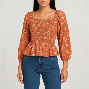 Nanette Lepore Floral Ruffled Smocked Peplum Blouse